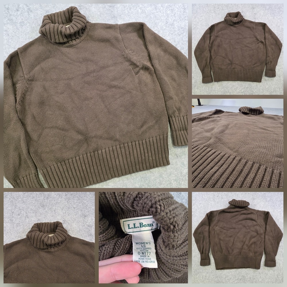 Vintage LL Bean Sweater Womens Large Brown 100% Cotton Turtleneck Knit Pullover
